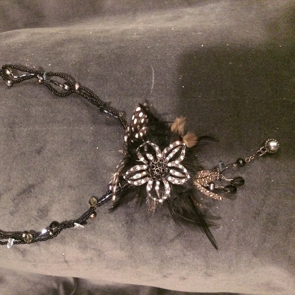 Feathered Flower With Black and White Rhinestone